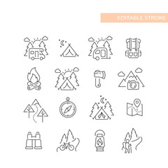 Outdoors, nature activities line icon set. Cute camping and hiking icons, editable stroke. - obrazy, fototapety, plakaty
