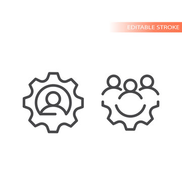 Gear Or Cogwheel With Group Of People Icon. Team, Human Resources Or Management Line Vector, Editable Stroke.