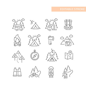 Outdoors, nature activities line icon set. Cute camping and hiking icons, editable stroke.