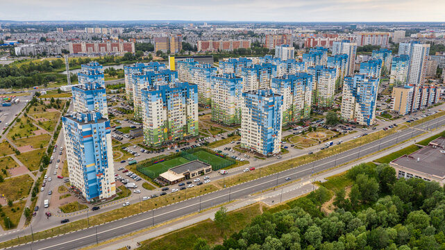 Nizhny Novgorod. New buildings on the bank of the Volga River. Aerial view.