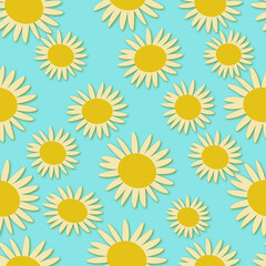 seamless pattern with sunflowers, blue background, yellow and white color floral drawing 