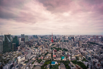 Fototapeta na wymiar Cloudy purple sky over a cityscape from middle of Tokyo, Japan.