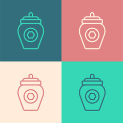 Pop art line Jar of honey icon isolated on color background. Food bank. Sweet natural food symbol. Vector