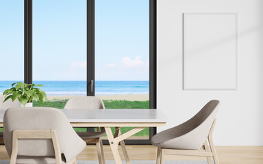 Empty table with chair set on wooden floor of dining room in modern house or luxury hotel. Minimal home interior 3d rendering with sky and sea view.