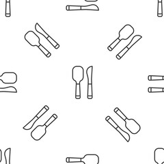 Grey line Knife and spoon icon isolated seamless pattern on white background. Cooking utensil. Cutlery sign. Vector