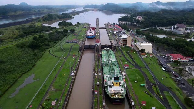 Beautiful cinematic aerial footage of the Panama Canal and the Miraflores Locks