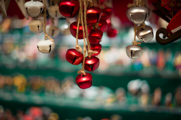 Red and silver christmas bells at a christmas market