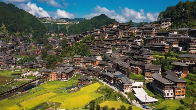 Time delay photography of Qianhu Miao village in Xijiang, Qiandongnan, Guizhou Province, China