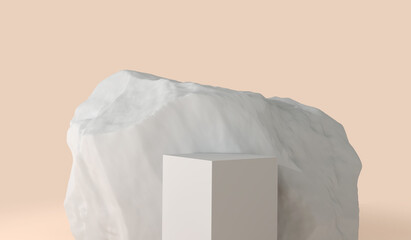 minimal product display podium with natural rugged rock. 3D Rendering