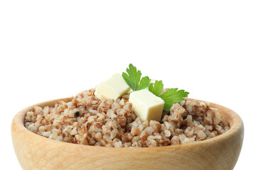 Tasty cooked buckwheat isolated on white background