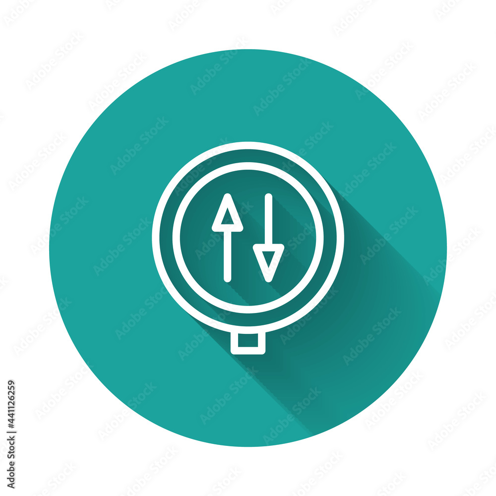Poster white line road sign warning two way traffic icon isolated with long shadow background. green circle
