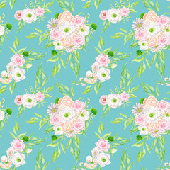 Obraz na płótnie Canvas Watercolor floral seamless pattern. Elegant blush and white flower on turquoise blue background. Repeated botanical print for fabrics, textile, wallpaper, wrapping, scrapbook paper, cards.