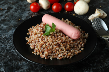 Concept of tasty eating with buckwheat, close up