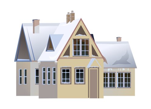 recommend clip art: Country house. Winter season. Door. The roof is covered with snow. Gable roof outbuilding. Nice and cozy suburban private home. Flat cartoon style. Vector art