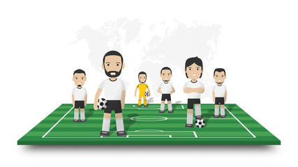 Soccer players team stand on perspective football field . Dotted world map on white isolated background . Sportsman cartoon character . 3D Vector design .