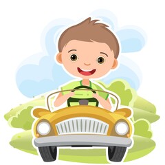 Childrens trip in a small car. Kid drives a pedal or electric toy automobile. Hills. Cartoon illustration. Isolated. Summer rural landscape. Vector