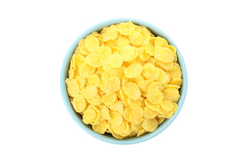 Plate of dry uncooked corn flakes isolated on white background