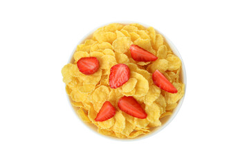 Plate of corn flakes and strawberry isolated on white background