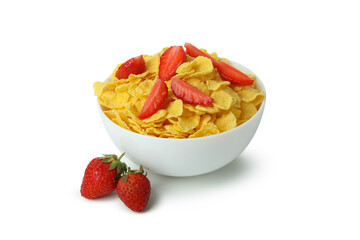 Plate of corn flakes and strawberry isolated on white background