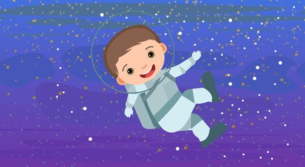 Obraz na płótnie Canvas Space background. Kid astronaut. Childrens illustration. Spacemen in spacesuits and starry sky landscape. Dark colors. Flat style. Cartoon design. Vector