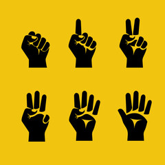 Black silhouette figures with fingers. One, two, three, four, five fingers, fist like zero. 1 2 3 4 5. Hand gestures and numbers with your fingers. Vector illustration flat design.