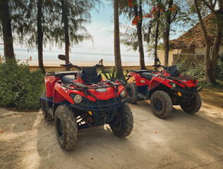 Red ATV on the background of a tropical landscape
