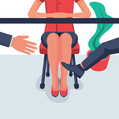 Harassment concept. Businessman touches a woman behind the leg, under the table. Violence in the workplace. Vector illustration flat design. Isolated on white background.