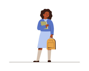 Smiling girl back to school or college. African American female student with backpack and book in school uniform. Education concept. Vector illustration