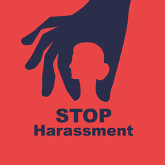 Stop harassment. Rape woman. Sexual harassment. Victim male attention. Banner for web and print. Silhouette of a woman and male hands. Take a woman. Vector illustration flat design. - obrazy, fototapety, plakaty