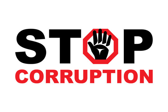 Stop corruption landing page. Hand denial sign. Palm forward, the gesture will stop. Abstract text as web template. Vector illustration flat design. Corruption banner.