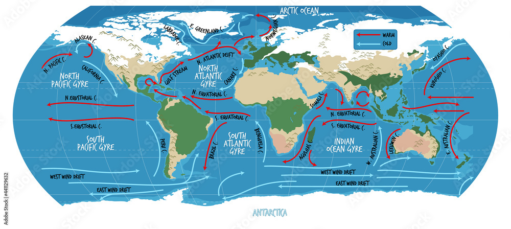 Sticker The ocean current world map with names