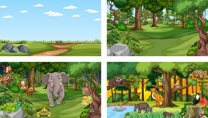 Obraz na płótnie Canvas Set of different forest horizontal scene with various wild animals