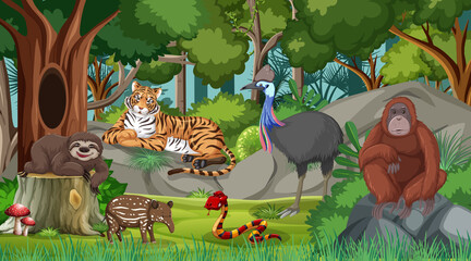 Wild animals in forest scene with many trees