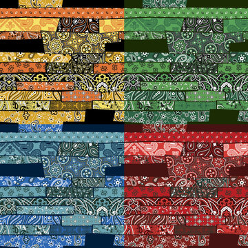 Bandana paisley striped patchwork seamless vector pattern collection in four different color variants