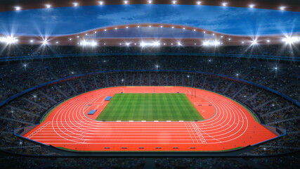 Magnificent athletic sport stadium full of fans, upper grandstand side view. Professional digital 3d illustration of sports.