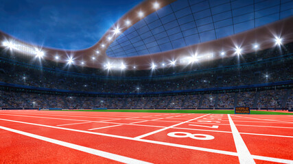 Magnificent athletic sport stadium full of fans, finish line close up. Professional digital 3d illustration of sports.