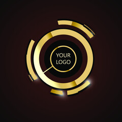Round frame with metal effect. Golden circle. Futuristic style. The appearance of the mechanism in yellow. Logo.