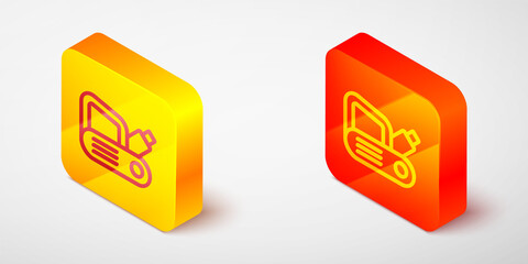 Isometric line Electric planer tool icon isolated on grey background. Yellow and orange square button. Vector
