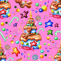 Festive children's cake. Seamless watercolor pattern (2)