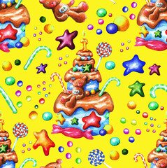 Festive children's cake. Seamless watercolor pattern (7)