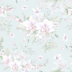 Seamless pattern. Spring delicate orchid flowers. Digital printing