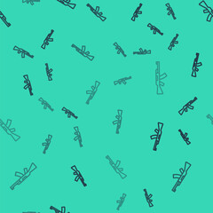 Black line Submachine gun icon isolated seamless pattern on green background. Kalashnikov or AK47. Vector