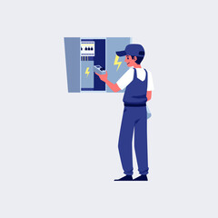 Electric worker fixing wiring in switchboard, flat vector illustration isolated.