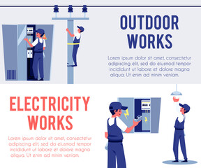 Banner for electrical works inside and outside, flat vector illustration.