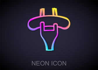 Glowing neon line Sausage on the fork icon isolated on black background. Grilled sausage and aroma sign. Vector