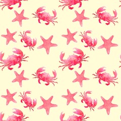 Set of aquarelle red sea animals on sand background hand-drawn digital illustration: starfish and crab