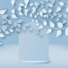 Abstract background with branches and leaves and blue podium. Vector