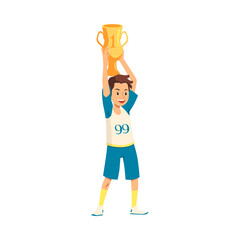 Cheerful boy raising gold trophy cup, cartoon vector illustration isolated.