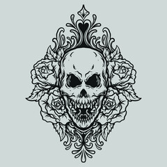 tattoo and t shirt design black and white hand drawn skull with rose engraving ornament