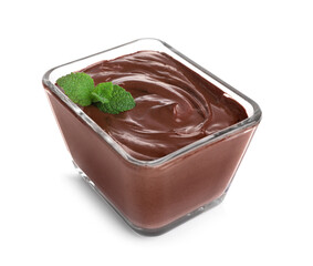 Bowl of delicious chocolate cream with mint isolated on white